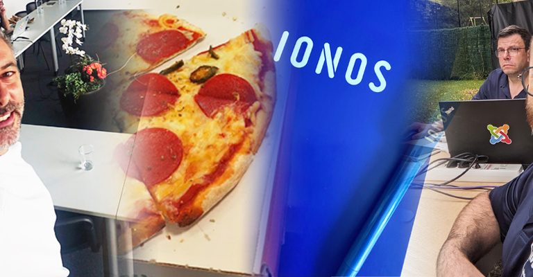 Bildcollage mit Personen, Pizza und IONOS Logo