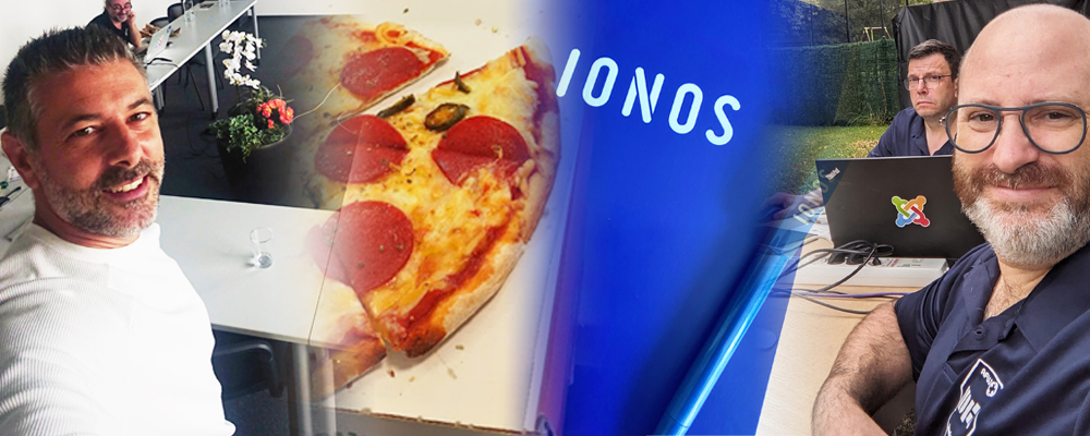 Bildcollage mit Personen, Pizza und IONOS Logo