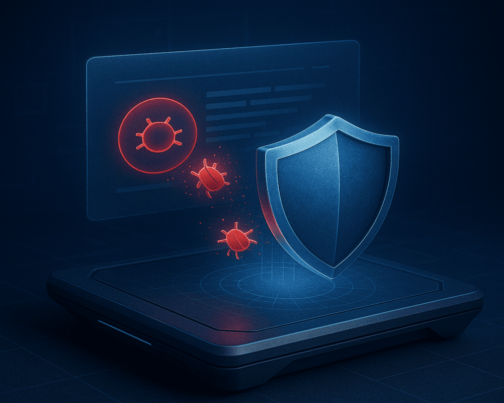 Unser Malware-Schutz für Ihre Webseite dargestellt als futuristisches Schutzschild, das digitale Malware auf einem Holotisch abwehrt