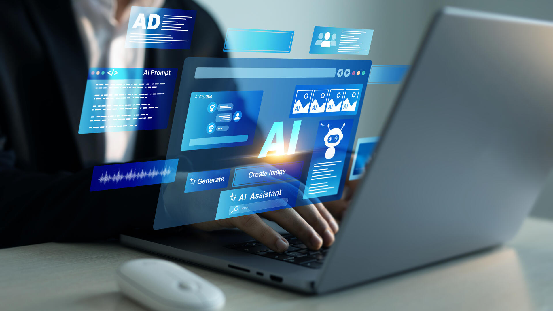 Ein Anwender am Laptop steuert eine KI-Schnittfläche, die durch Context Engineering verschiedene Wissensquellen, strukturierte Unternehmensdaten und Tools für die skalierbare Content-Erstellung integriert.