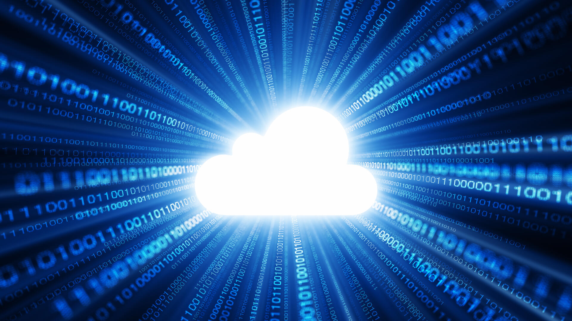 Leuchtende Wolke mit Strahlen aus Binärcode, die Digitiale Souveränität in der Cloud 2026 symbolisiert.