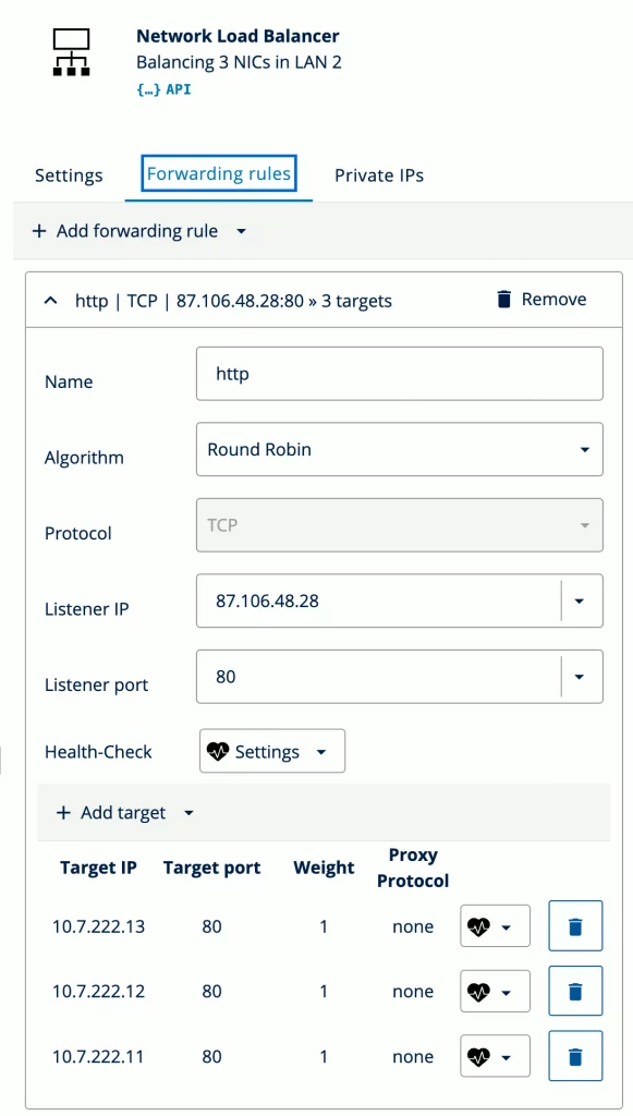 Dialogfenster zur Weiterleitungsregel des Network Load Balancers für HTTP-Datenverkehr an die drei virtuellen Maschinen des Rancher Managers.
