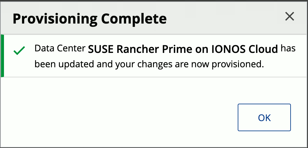 Statusmeldung zur erfolgreich abgeschlossenen Bereitstellung der Infrastruktur für SUSE Rancher Prime.
