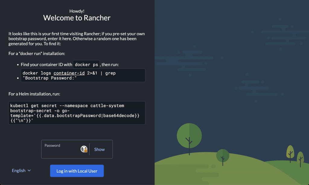 Eingabemaske in Rancher mit Anweisungen zum Abruf und zur Eingabe des Bootstrap-Passworts.