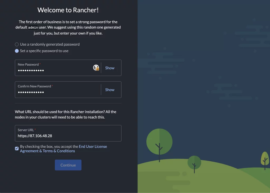 Eingabemaske in Rancher zur Erstellung eines Admin-Passworts und zur Konfiguration der Server-URL.