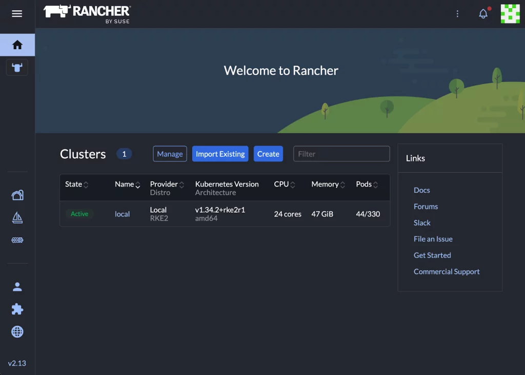 Startseite der Rancher-Anwendung und Cluster-Übersicht nach erfolgreichem Abschluss der Ersteinrichtung.