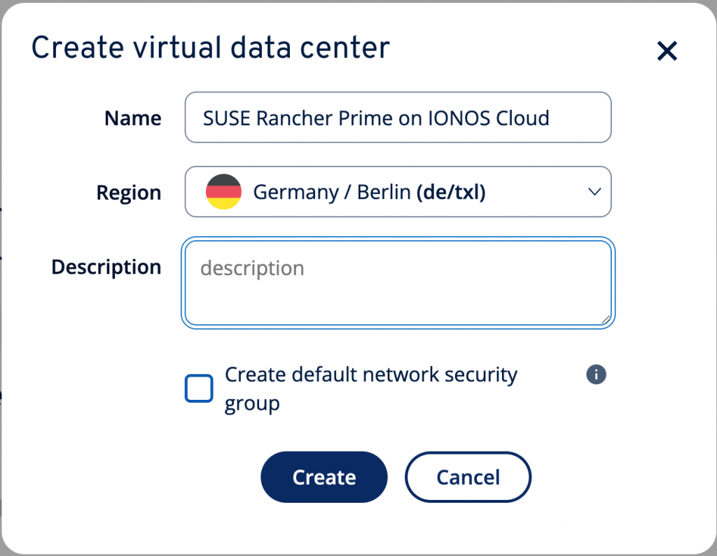 Dialogfenster zu Erstellung eines virtuellen Rechenzentrums.
