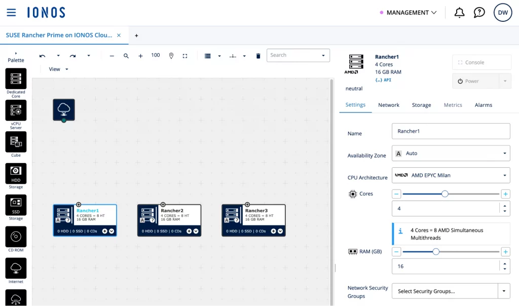 Visuelle Darstellung der drei virtuellen Maschinen in DCD für den Rancher Manager Cluster.