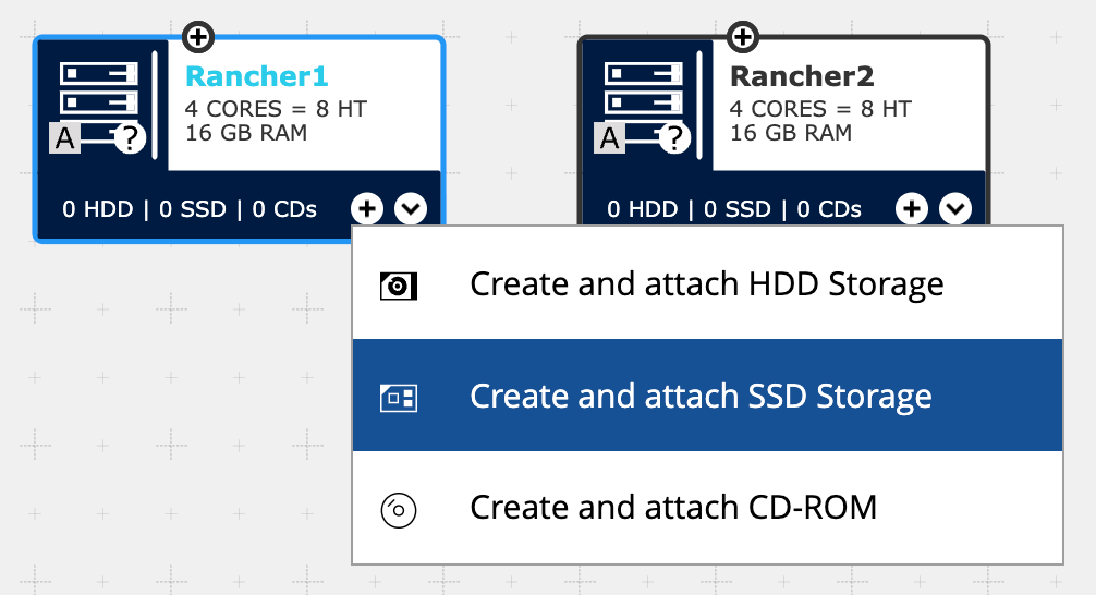 Fenster zur Erstellung und Anhängen eines neuen SSD-Speichervolumens an die virtuelle Maschine Rancher1
