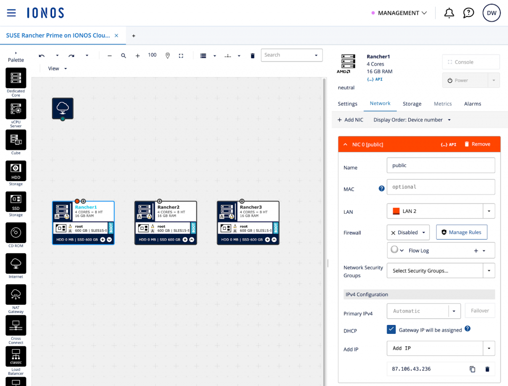 Visualisierung der drei virtuellen Maschinen Rancher1, Rancher2 und Rancher3 mit Fokus auf die öffentliche Netzwerkschnittstelle auf Rancher1 mit einer statischen öffentlichen IP-Adresse.