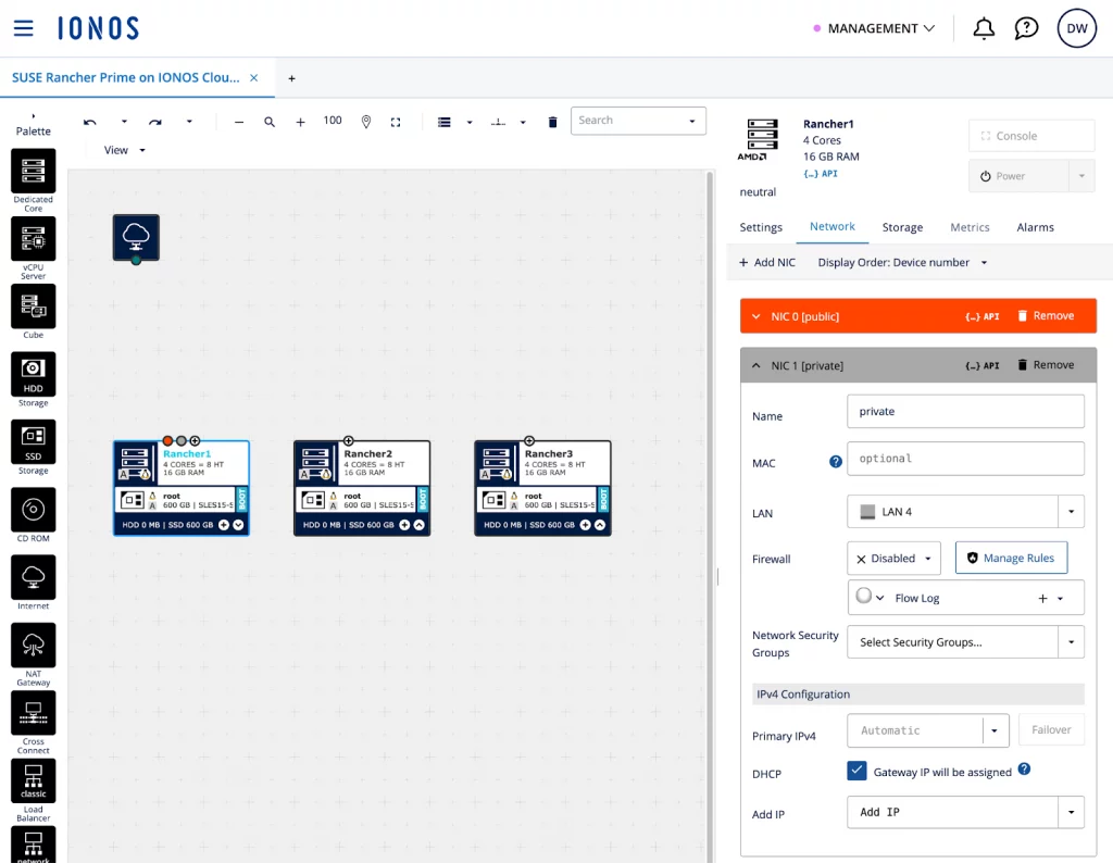 Visuelle Darstellung der Auwahl einer privaten Netzwerkschnittstelle auf Rancher1 mit einer dynamischen IP-Adresse.