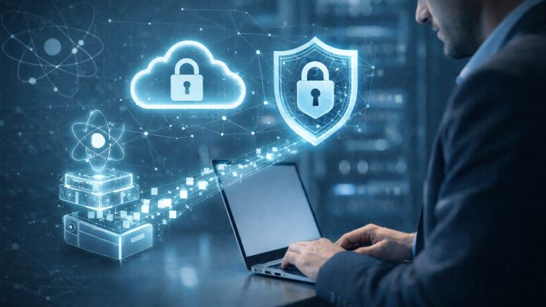 Post-Quanten-Kryptografie in der Cloud: Business-Person arbeitet am Laptop, holografische Cloud- und Sicherheits-Symbole zeigen krypto-zukunftssichere Datenverschlüsselung.