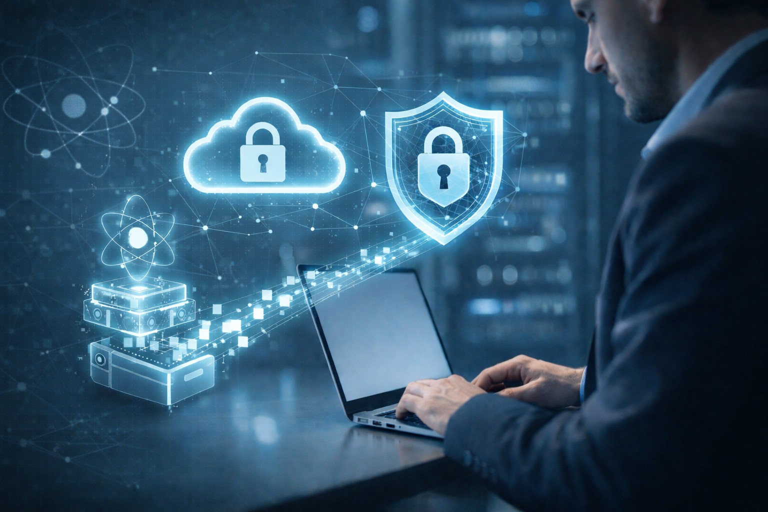 Post-Quanten-Kryptografie in der Cloud: Business-Person arbeitet am Laptop, holografische Cloud- und Sicherheits-Symbole zeigen krypto-zukunftssichere Datenverschlüsselung.