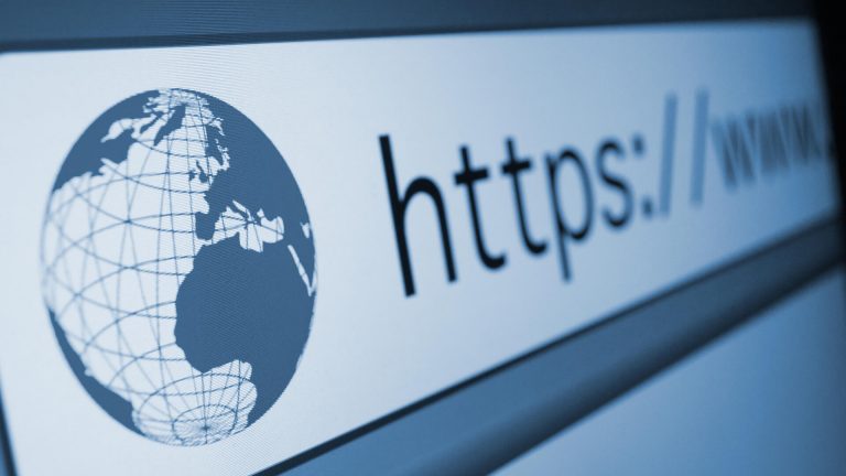 Nahaufnahme eines Browser-URL-Eingabefelds mit einem Globus-Icon und dem Text "https://", das die moderne, sichere Domain-Registrierung im Kontext von Vibe-Coding illustriert