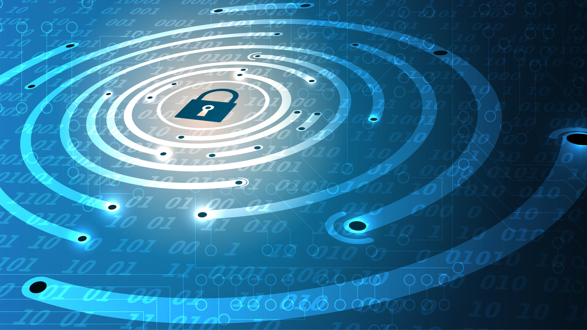 Abstraktes Daten-Netzwerk mit Vorhängeschloss illustriert Cyber-Resilienz durch NIS2-Umsetzung nach Fristablauf.