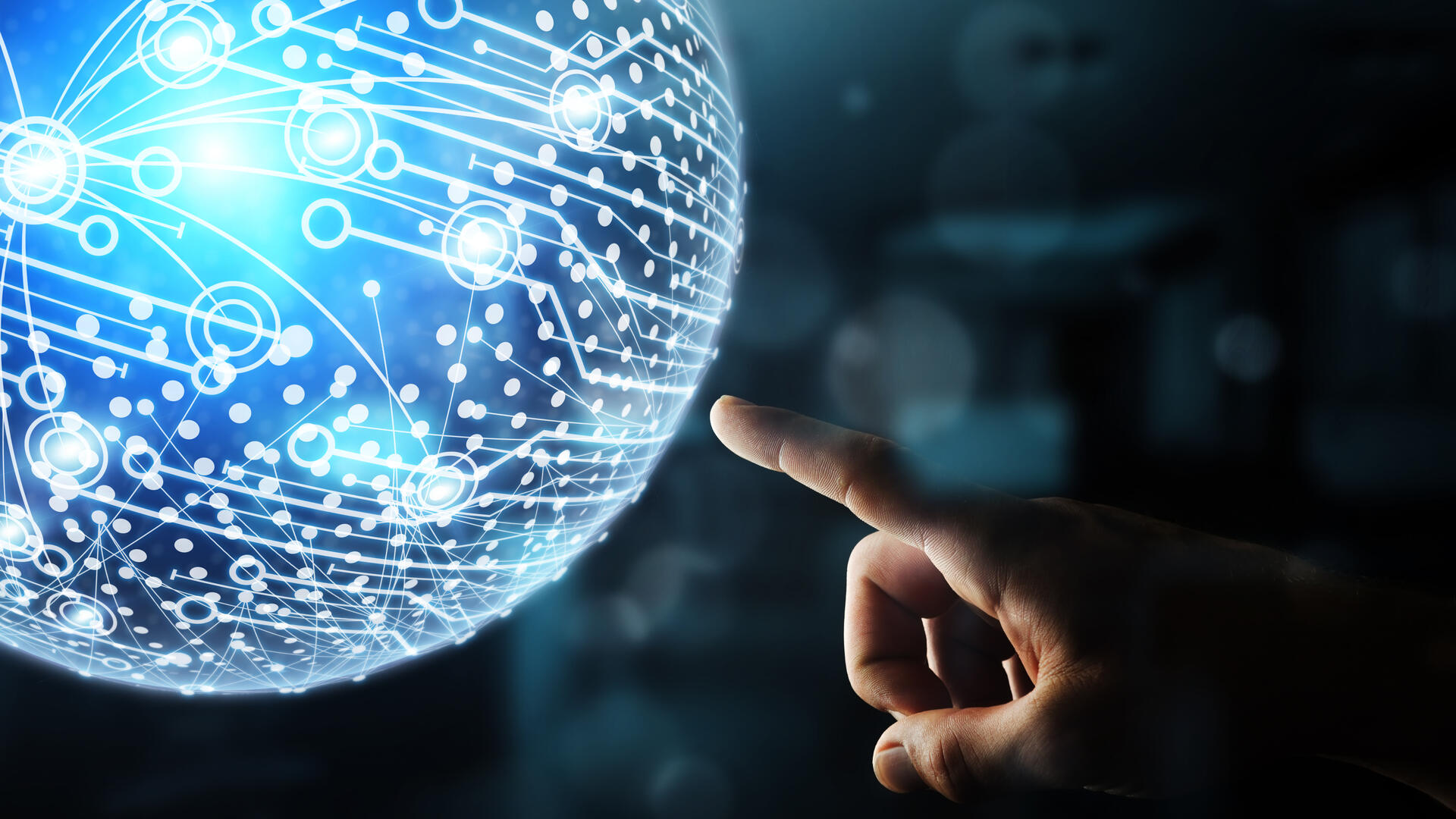 Eine Hand berührt einen digitalen Globus und symbolisiert die Bedeutung von .de für den deutschen Domainmarkt 2026.