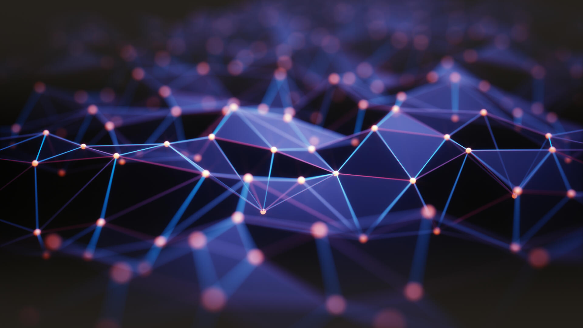 Ein komplexes, abstraktes Netzwerk aus leuchtenden blauen Linien und roten Knotenpunkten, das die vernetzte digitale Zukunft auf dem InterNetX Domain Summit visualisiert.