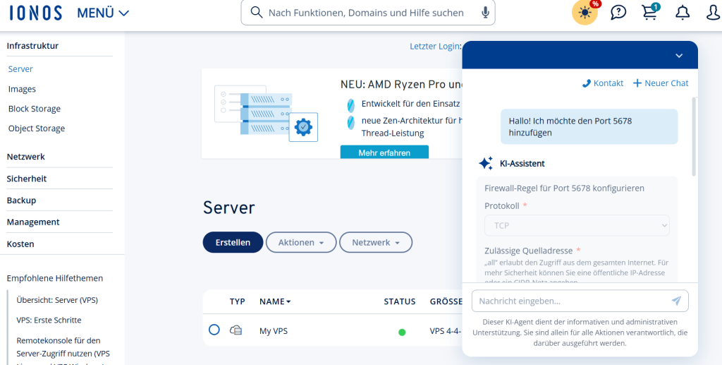 Server-Administration mit KI-Assistent: Einrichtung einer Firewall-Regel für Port 5678 im IONOS Cloud Panel