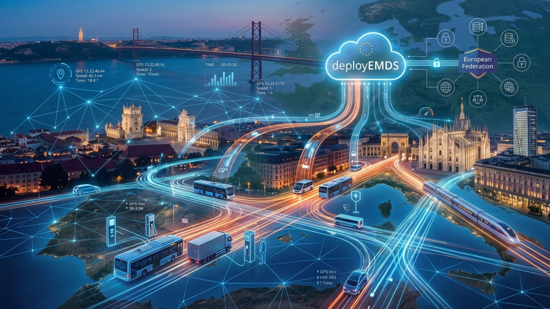 Visualisierung des deployEMDS-Netzwerks: Mobilitätsdaten aus europäischen Städten fließen in eine souveräne Cloud-Infrastruktur