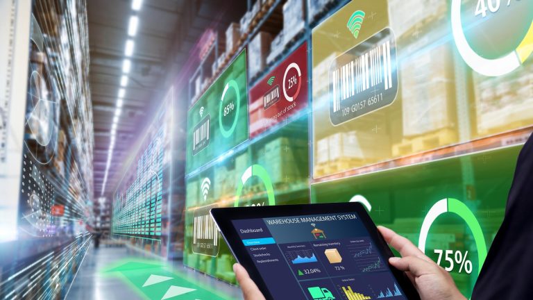 Eine Person mit Tablet in der Hand in einem virtuellen Lager