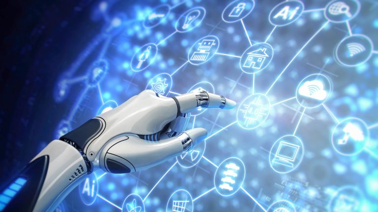 Roboter, der mit dem Finger auf eine Schaltfläche tippt